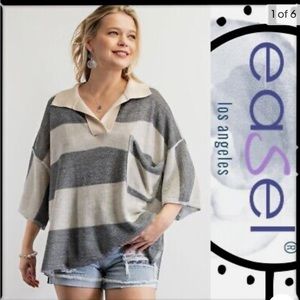 NWT Easel Gray and White Striped Rugby, Size Large